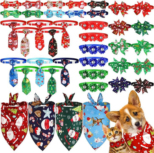 40 Pcs Christmas Dog Bow Ties Set 26 Christmas Pet Bowties 10 Santa Snowman Necktie 4 Winter Dog Bandana Xmas Grooming Accessories for Holiday Pet Outfit Winter Gift