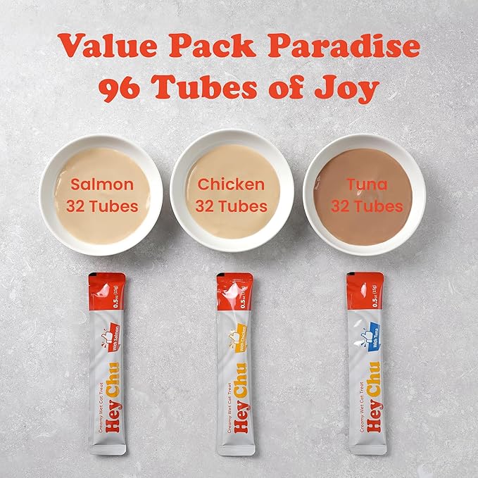 HEY CHU Squeezable Cat Treats, Lickable Puree, Grain-Free, 96 Tubes, Tuna Salmon Chicken, 0.5oz Each Tube