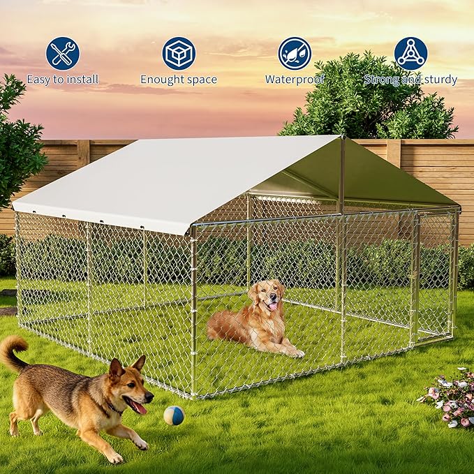 Large Outdoor Dog Kennel, 10x10x6ft Dog Kennel with Waterproof & UV-Resistant Cover, Large Dog House for Outside Backyard Farm