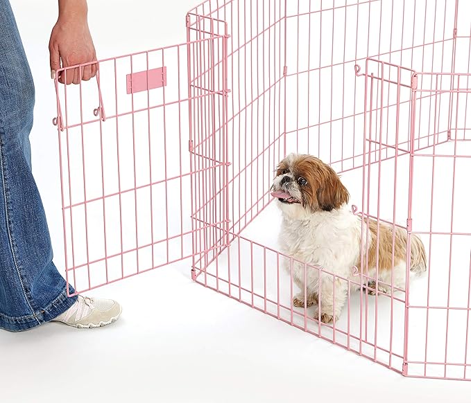 MidWest Homes for Pets Folding Metal Puppy/Dog Exercise Pen, Indoor/Outdoor Playpen with Door, 16 Sq Feet of Play Space, 24-Inches Tall, Pink