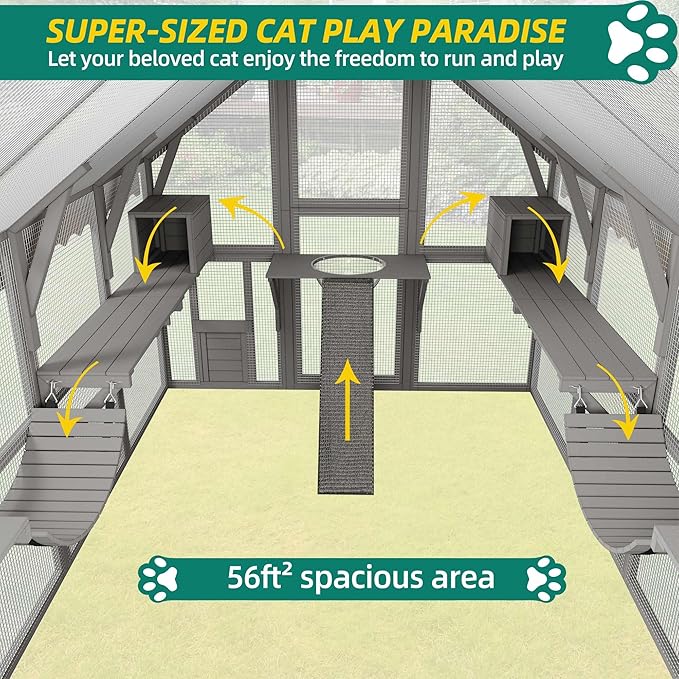 YITAHOME Extra Large Catio Outdoor Cat Enclosure, 110 Inch Outside Cattery with Weatherproof Roof, Scratcher Ramp, Cat Space Capsule Bed, 2 Bridges, 2 Resting Houses, 7 Solutions