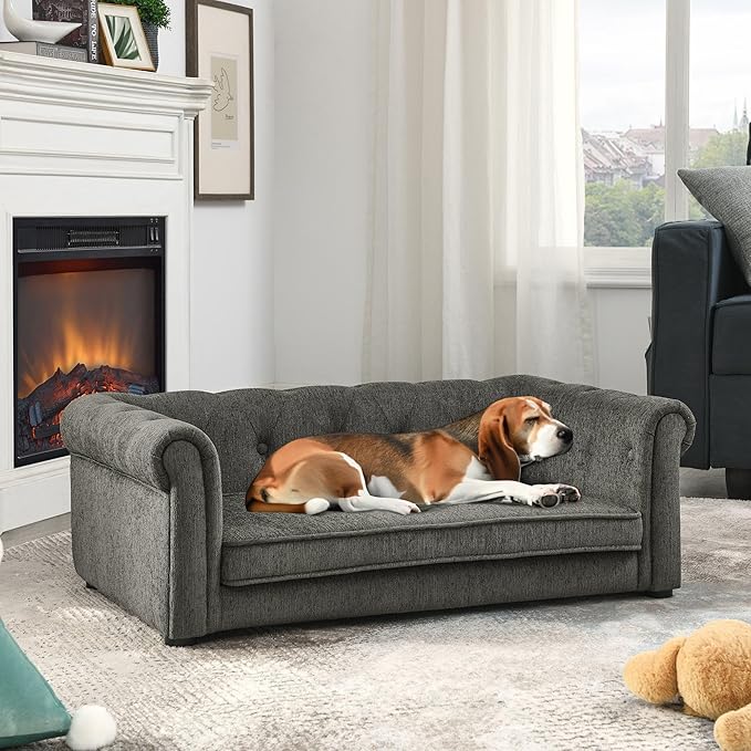 GDFStudio Modern Linen Dog Sofa for Small and Medium Dogs Elevated Pet Bed with Armrests and Backrest Durable and Comfortable Upholstered Pet Furniture, Dark Gray