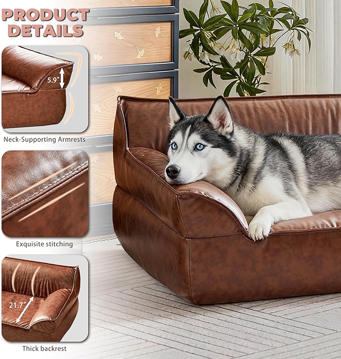Brown Leather Dog Couch Bed for Small Dogs Under 50 lbs, 31.5 Inch Mid-Century Modern Elevated Dog Sofa Indoor Furniture Style Pet Sofa Bed (Large)