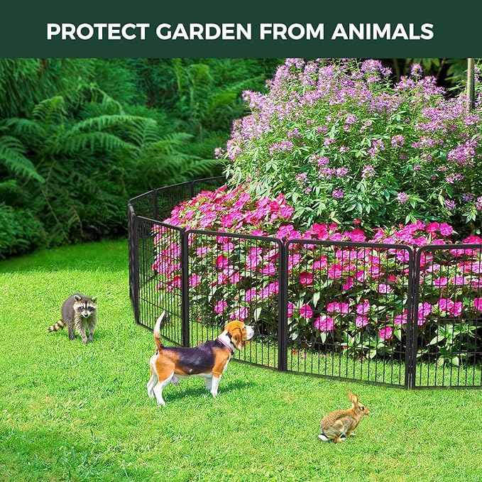 FXW Garden Fence Outdoor for The Yard – 45in(H) x 9.1ft(L) Heavy Duty Metal Animal Barrier for Dog and Rabbit, Decorative Dog Fence, 4 Panels, Black