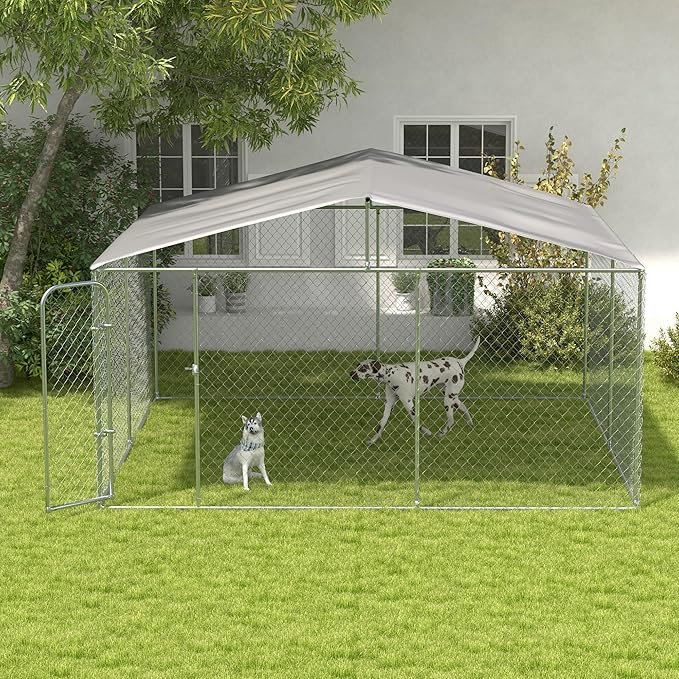 PawHut Outdoor Dog Kennel, Heavy Duty Dog Run Outdoor Fence with Waterproof Cover, Galvanized Chain Link, Secure Lock, for Large Breeds, Chickens, Ducks, 13' x 13' x 7.5'
