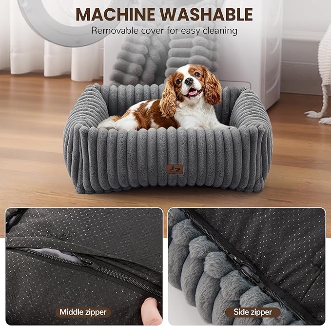 Washable Dog Bed for Small Medium Dogs - Rectangle Orthopedic Corduroy Fleece Pet Bed with Removable Cover and Nonskid Bottom, Calming Puppy Bed Soft Pet Sofa, Grey(25x21x7inchs)