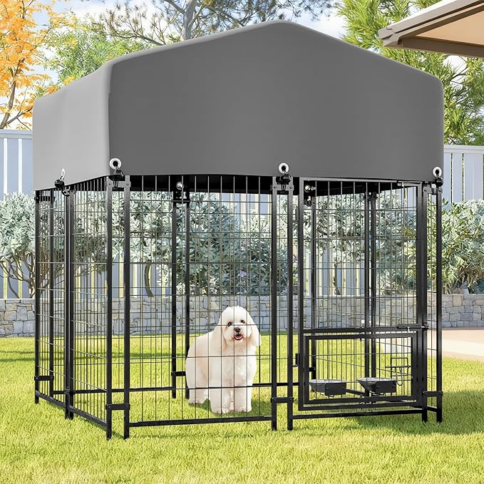Dog Crate Dog Kennel Outdoor W/Roof,Dog Cage W/ 360°Rotating Feeder & Secure Lock,Weatherproof Dog Pens Outside W/Flexible Clamps,for Garden Yard,Grey(4.23x3.83x4.83 FT)