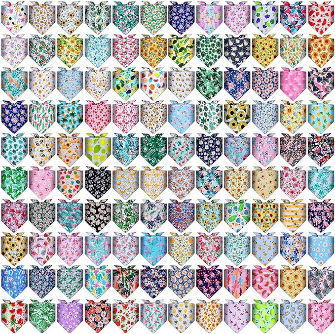 Amylove 120 Pcs Christmas Dog Bandanas Bulk Thanksgiving Day Holiday Triangle Dog Pack Puppy Kerchief Bandana Adjustable Pet Scarf for Pet Cat Costume Accessories Decor(Flower)