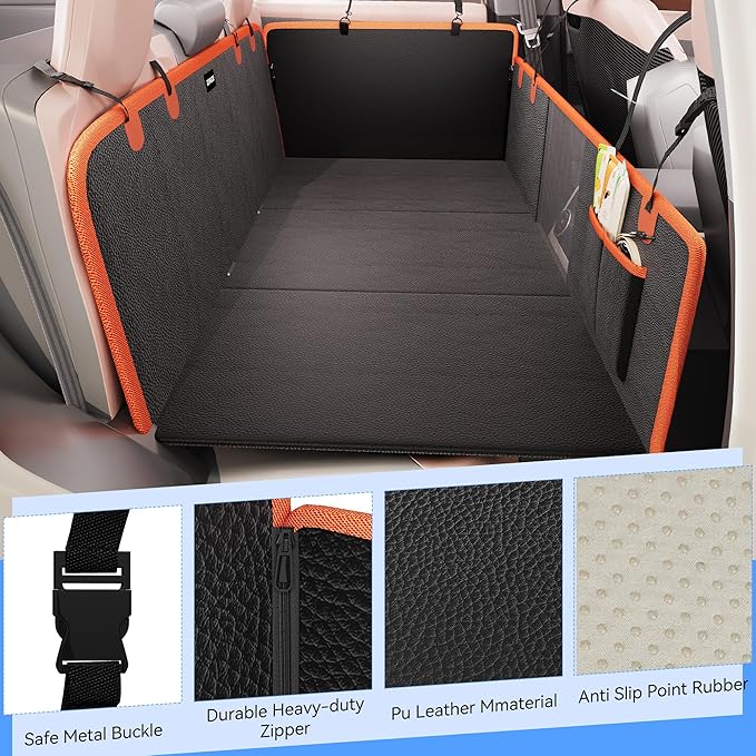 Back Seat Extender for Dogs, PU Leather Hard Bottom Dog Car Seat Cover for Back Seat, Waterproof, Scratch Proof and Anti Slip Dog Hammock for Cars and SUVs, Holds 400 lbs