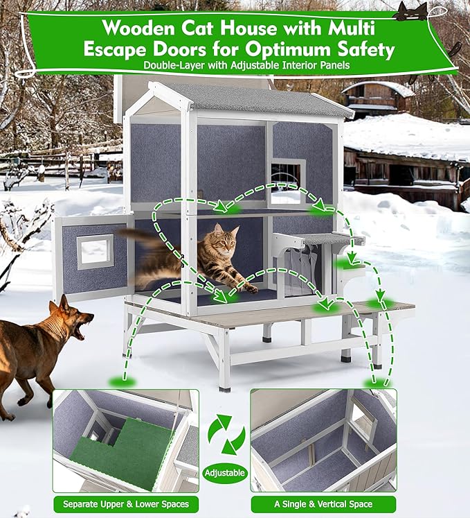 2 Story Insulated Outdoor Cat House Weatherproof Feral Cat Shelter for Winter Outside Cat Houses for 2-3 Cats Indoor Pets Condo with Waterproof Roof & Escape Door, 6.3" Raised Base & Balcony