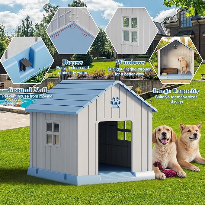 Fancyango Dog House Outdoor Indoor - Waterproof, Ventilated, Easy to Clean, Elevated Floor for Small-Large Dogs, Easy to Assemble (Blue, 37.2" L x 40" W x 40" H)
