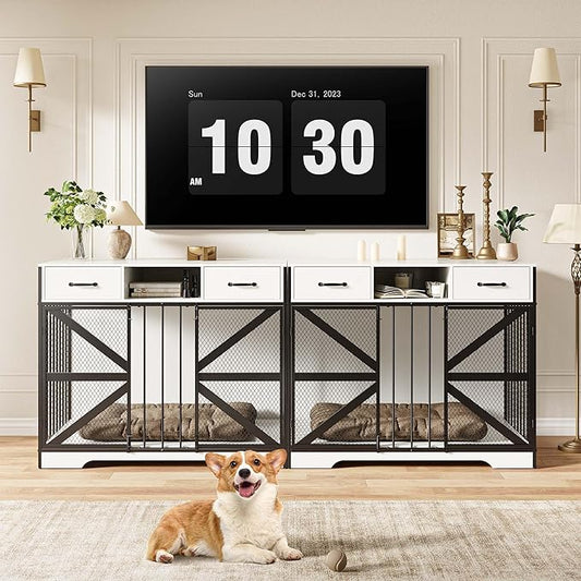 44" Large Dog Crate Furniture Set of 2, Wooden Heavy Duty Dog Kennel TV Stand with Storage Drawers, Decorative Indoor Pet Crate for Medium & Large Dogs, White
