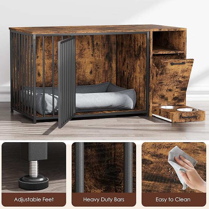 Dog Crate Furniture with Storage Cabinet, 42 Inch Wooden & Steel Decorative Indoor Kennel, Pet Cage End Table for Large and Medium Dogs, Escape-Proof & Chew-Proof, Rustic Brown