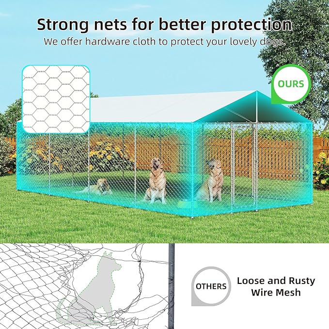 Outdoor Dog Kennel Outside with Metal Large Dog Gate, Outdoor Dog Pens with Roof, Heavy Duty Dog Kennel for Backyard Farm Use (240x120x84IN)