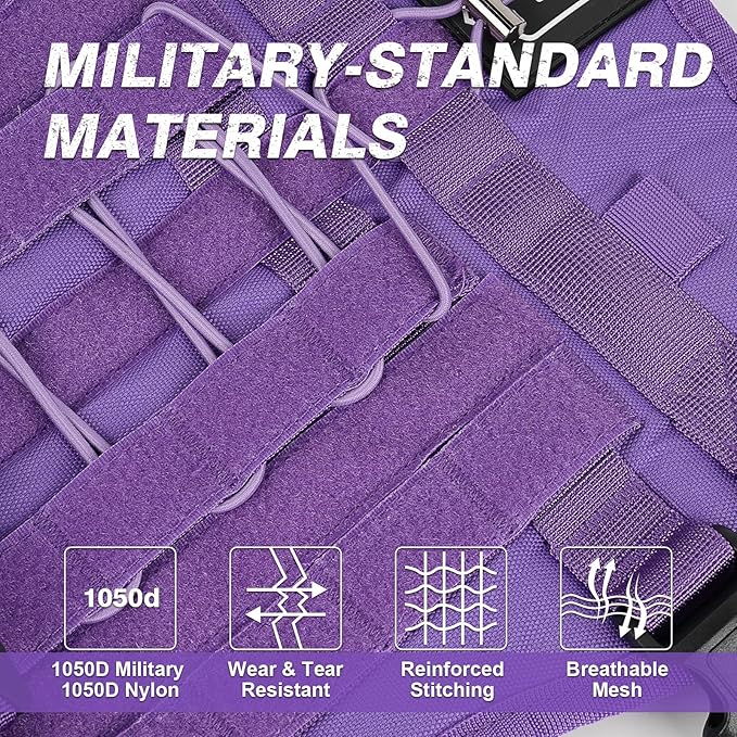No Pull Tactical Dog Harness for Large Dogs, Escape Proof Molle Dog Vest Harness and Leash Set, Adjustable Military Service Dog Harness with Handle for Medium Large Dogs(Purple, L)