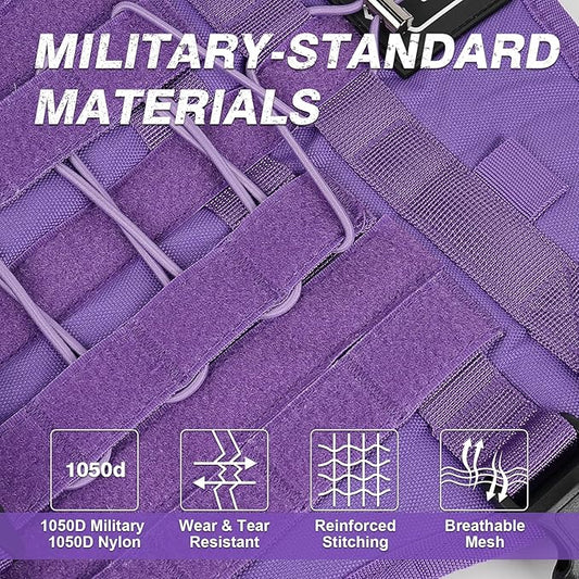 No Pull Tactical Dog Harness for Large Dogs, Escape Proof Molle Dog Vest Harness and Leash Set, Adjustable Military Service Dog Harness with Handle for Medium Large Dogs(Purple, L)