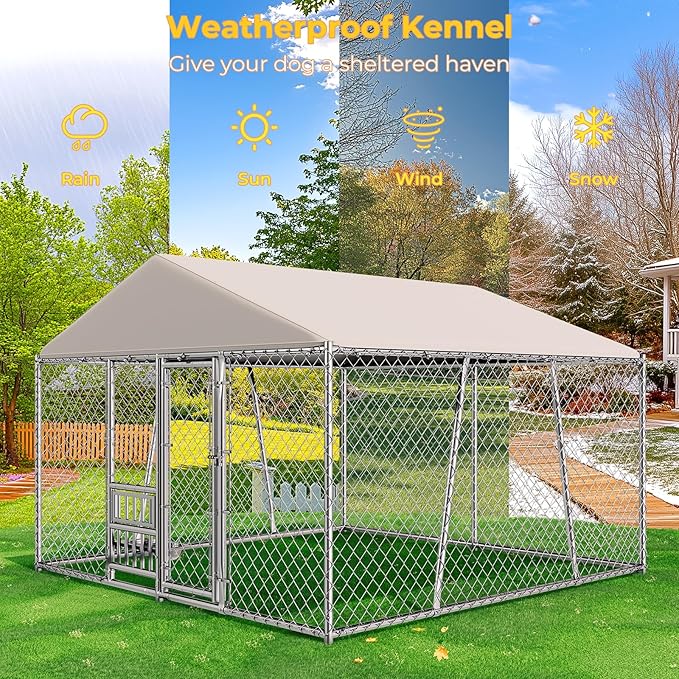 Lyromix 10 x 10FT Large Outdoor Dog Kennel with Bowls, Dog Kennel Outside with Waterproof Cover Roof, Galvanized Heavy Duty Chain Link Dog Runs Cage Playpen for Outside with Secure Lock