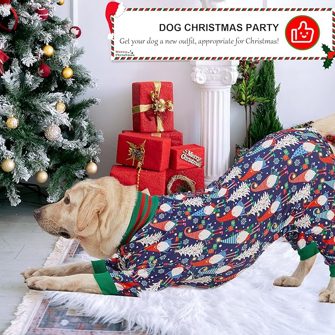 LovinPet Large Dog Christmas Pajamas - Christmas Outfit Xmas Holiday Costume for Dogs, Lightweight Pullover, A Gnome to FA La Navy Prints Large Dog PJ's Pitbull Clothes, L