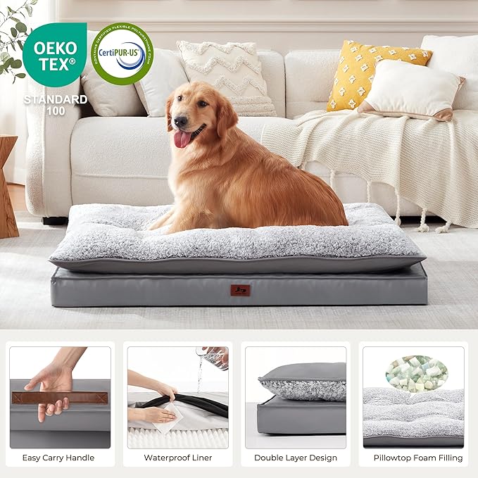 Washable Dog Bed for Medium Large Size Dog, Plush Pillow Pet Bed with Cooling Leather Egg-Crate Foam Base, Waterproof Kennel Bed with Removable Cover, 55" x 42" Comfort Cushion Bed, Dark Grey