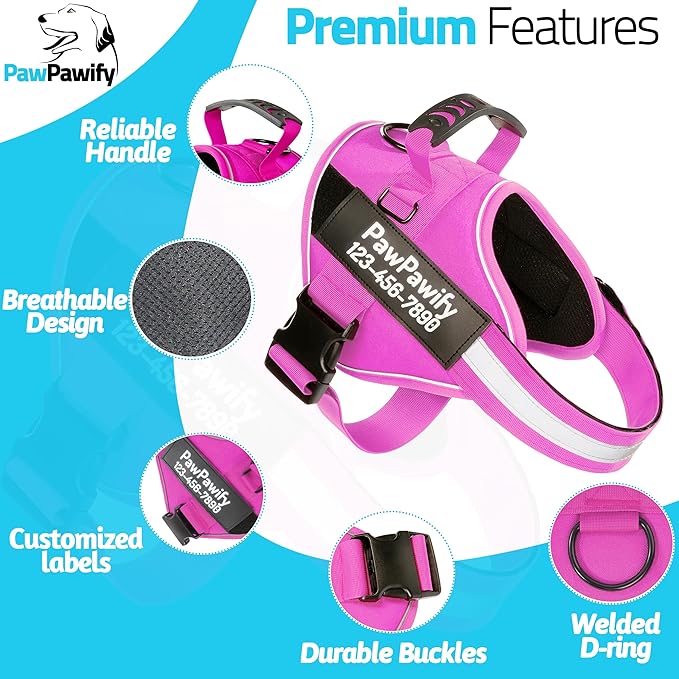 PawPawify Custom No Pull Dog Harness with Name and Phone Number, Heavy Duty Personalized Pet Vest to Prevent Tugging, Pulling, or Choking, Training and Walking (New Pink, XL (Chest 28-35in))