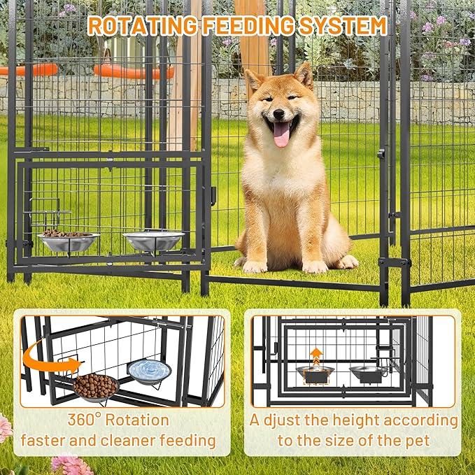 Dog Crate Dog Kennel Outdoor W/Roof,Dog Cage W/ 360°Rotating Feeder & Secure Lock,Weatherproof Dog Pens Outside W/Flexible Clamps,for Medium/Large,Grey(4.23x7.81x4.83 FT)