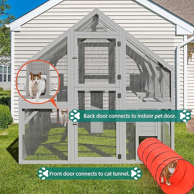 YITAHOME Extra Large Catio Outdoor Cat Enclosure, 110 Inch Outside Cattery with Weatherproof Roof, Scratcher Ramp, Cat Space Capsule Bed, 2 Bridges, 2 Resting Houses, 7 Solutions