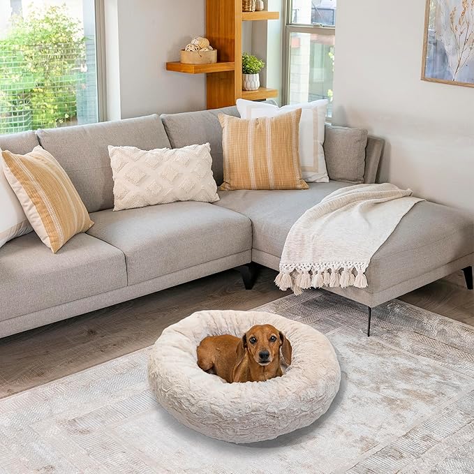 Best Friends by Sheri Original Calming Donut Dog and Cat Bed, Lux Faux Fur, Oyster, (23in x 23in) - Anxiety Relief for Pets Up to 25 lbs