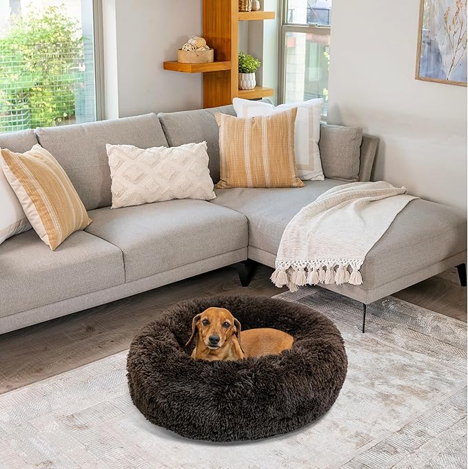 Best Friends by Sheri (or PAWSH Original Calming Donut Dog and Cat Bed, Shag Faux Fur, Dark Brown, Small (23in x 23in) - Helps Provide Anxiety Relief for Pets