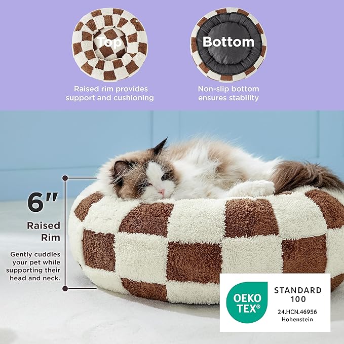 LE SURE Donut Cat Beds for Indoor Cats - Small Round Dog Bed for Calming Pets with Washable Cover, Cute Modern Puppy Beds with Jacquard Shaggy Plush & Anti Slip Bottom, 20 Inch, Brown