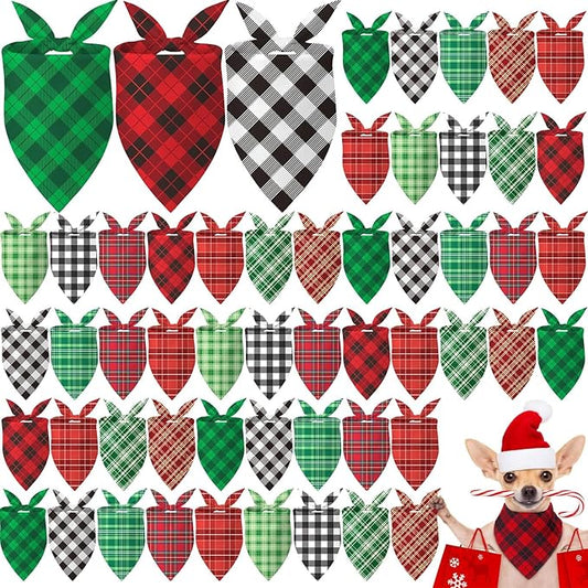 Weewooday 50 Pcs Christmas Dog Bandanas Bulk Xmas Red Green Buffalo Plaid Bandanas for Dogs Soft Bibs Adjustable Triangle Scarf for Small Medium Large Pets Costume (25.6 x 17.7 x 17.7 Inch)