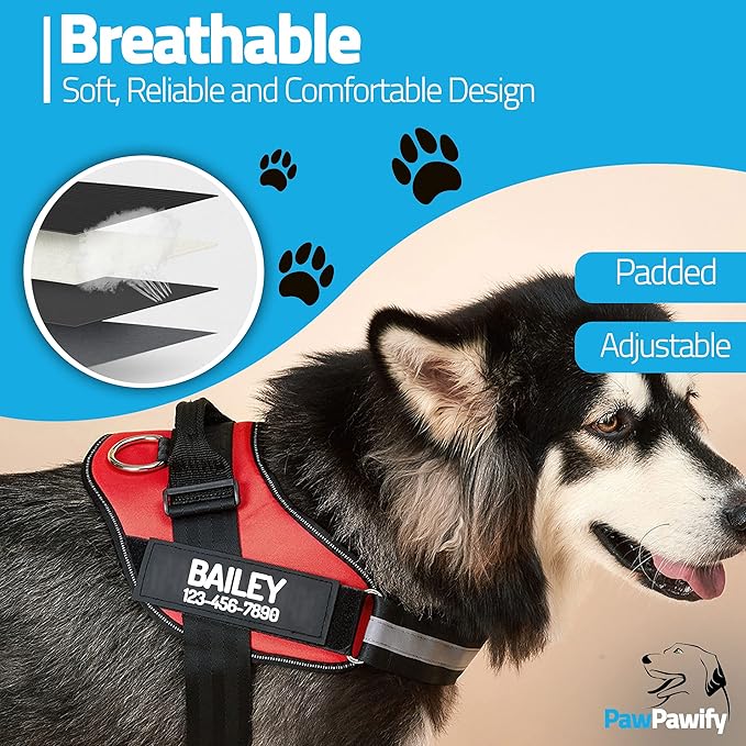 PawPawify Custom No Pull Dog Harness with Name and Phone Number, Heavy Duty Personalized Pet Vest to Prevent Tugging, Pulling, or Choking, Training and Walking (Red, XXL (Chest 36-42in))