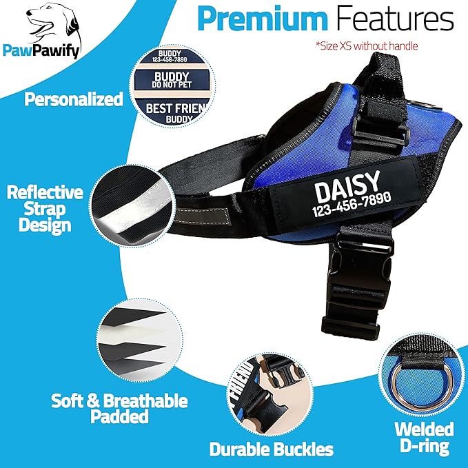 PawPawify Custom No Pull Dog Harness with Name and Phone Number, Heavy Duty Personalized Pet Vest to Prevent Tugging, Pulling, or Choking, Training and Walking (Blue, XXL (Chest 36-42in))