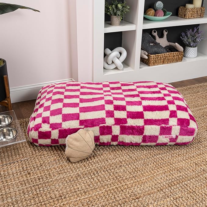 DBD3001H-M Mabel 35" x 23" Designer Modern Ultra Soft Reversible Plush Rectangular Pet Bed with Washable Cover, Raspberry Check