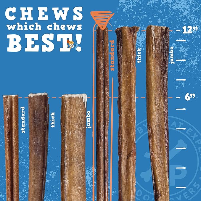 Jack&Pup 12 Inch Standard Bully Sticks for Medium and Large Dogs (18 Pack) Single Ingredient Dog Chew Bully Stick