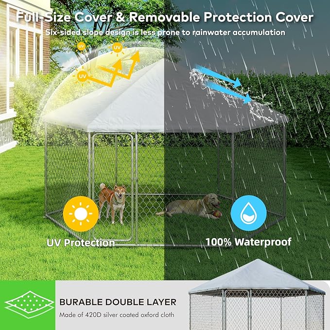 9.1x9.1 FT Large Outdoor Dog Kennel Outside, Heavy-Duty Galvanized Wire Mesh Dog Enclosure with Waterproof Cover & Secure Lock, Hexagonal Cage for Large Dogs