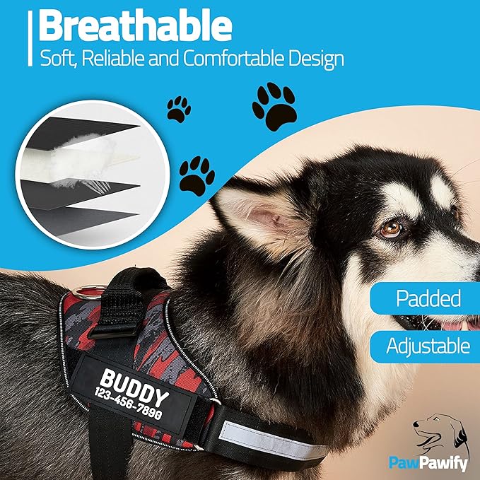 PawPawify Custom No Pull Dog Harness with Name and Phone Number, Heavy Duty Personalized Pet Vest to Prevent Tugging, Pulling, or Choking, Training and Walking (Camouflage Red, S (Chest 16-21in))
