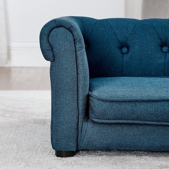 GDFStudio Modern Linen Dog Sofa for Small and Medium Dogs Elevated Pet Bed with Armrests and Backrest Durable and Comfortable Upholstered Pet Furniture, Blue