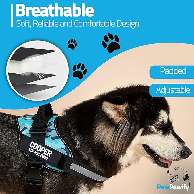 PawPawify Custom No Pull Dog Harness with Name and Phone Number, Heavy Duty Personalized Pet Vest to Prevent Tugging, Pulling, or Choking, Training and Walking (Camouflage Blue, S (Chest 16-21in))