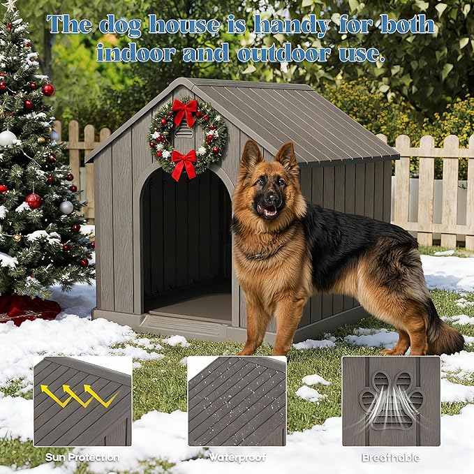 Large Dog House Outdoor Indoor for Medium Large Dogs, Sturdy Plastic Waterproof Doghouse with Air Vents and Elevated Floor, Easy Clean and Assemble (Light Grey, 36.2''L×38''W×38''H)