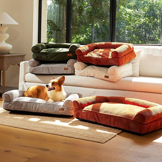 FUKUMARU Dog Couch Bed, Corduroy Cozy Cat Bed for Indoor Cats with Washable Cover, 28in Waterproof Orthopedic Dog Beds Sofa for Small Dogs and Large Cats, Cute Warm Cotton Pet Sofa, Orange