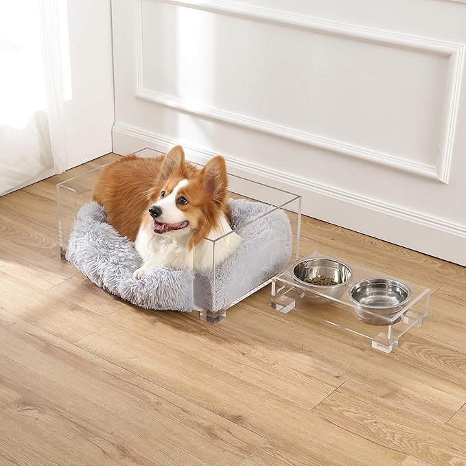 DBD2001A-2SET Billie 24" x 15.75" Small Modern Calming Fluffy Pet Bed with Washable Cushion and 4" Elevated Pet Feeder with 27 oz 2-Stainless Steel Bowls, Light Gray/Clear (Set of 2)