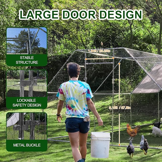 Chicken Coop Large Metal Chicken House/Pen with Climbing Frame for 15-20 Chickens, Outdoor Walk-in Poultry Cage Flat Shape for Ducks, Rabbits, Dogs Etc, Silver (236" L x 117.6" W x 78.7" H)