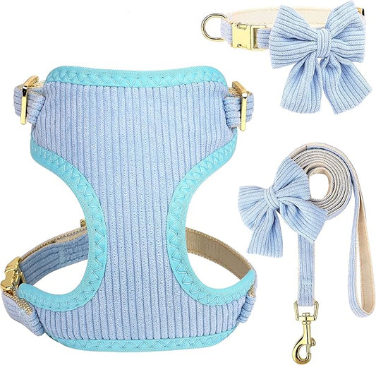 Didog Cute Small Dog Harness Collar and Leash Set with Bowtie, Breathable Soft Mesh Padded Puppy Harness, Dog Harness for Small Dogs Daily Walks Parties, Holiday Gatherings & Gifts, Blue, S