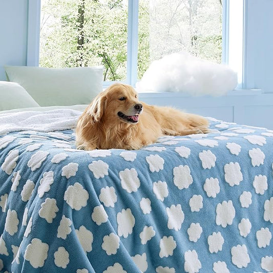 LE SURE Waterproof Dog Blanket for Large Dogs - Washable Double Sided Dog Blankets with Warm Jacquard Shag and Soft Sherpa Fleece, Pet Cat Blanket for King Bed Protection, 3D Textured Cloud, Blue