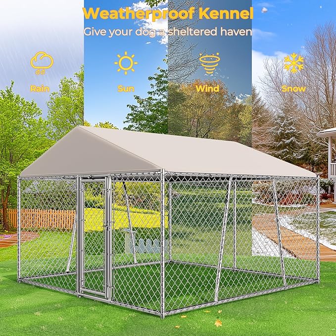 Lyromix 10 x 10FT Large Outdoor Dog Kennel with Roof, Dog Kennel Outside with Waterproof Cover, Galvanized Heavy Duty Chain Link Dog Runs Cage Playpen for Outside with Secure Lock