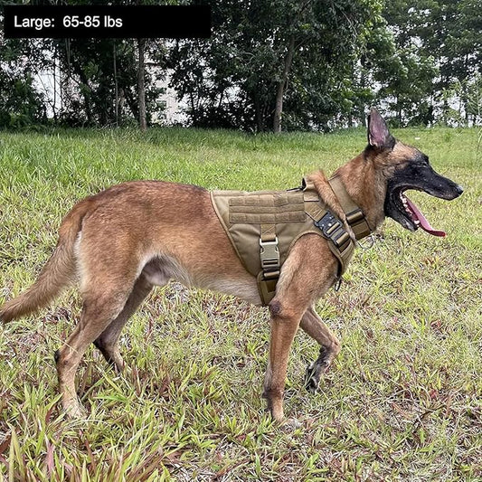 ICEFANG Tactical Dog Harness, Large Size,2X Metal Buckle,Working Dog MOLLE Vest with Handle,No Pulling Front Leash Clip,Hook and Loop Panel (Brown,L (Pack of 1))