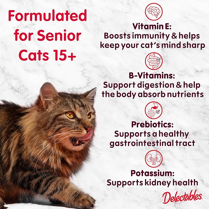 Delectables Lickable Treat Stew Senior 15+ Wet Cat Treat with Real Chicken & Tuna, Food Topper, Hydrating, Grain-Free, No Fillers, No By-Products, No Added Preservatives, 1.4oz Pouch, 12ct