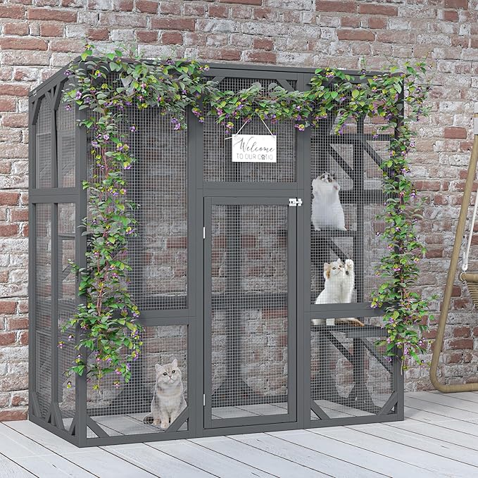 Ball & Cast 59" Wooden Catio Enclosure Outdoor Cat House with Anti-UV& Waterproof, Platforms and Resting Boxes Walk-in Cat Kennel Shelter for Indoor,Dark Grey