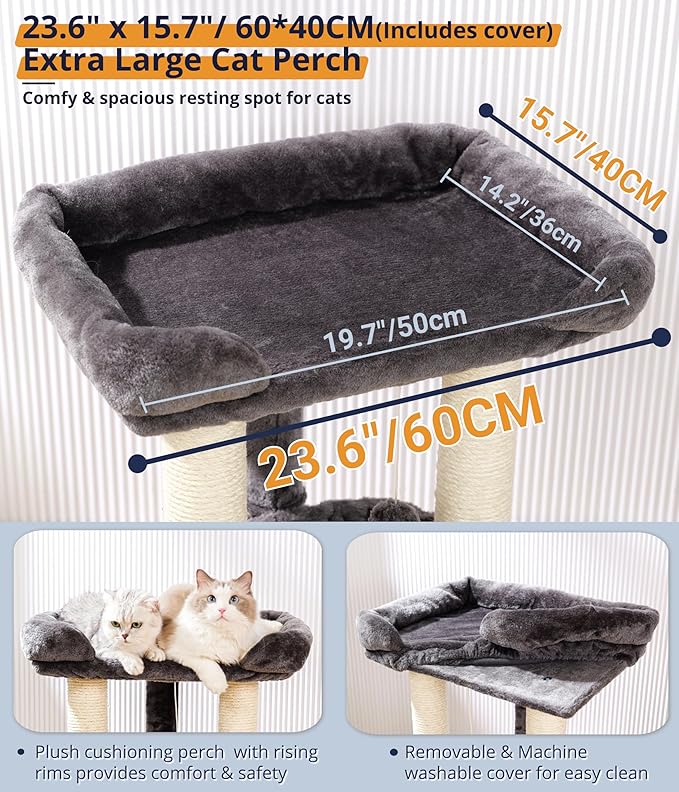 Happi N Pets 28" Cat Tree Tower for Indoor Cats, Tall Cat Scratching Post with Large Bed for Maine Coon Big Cats, Sisal Cat Scratcher with Soft Perch & Hammock, Stable Cat Stand, Removable Cover-Gray