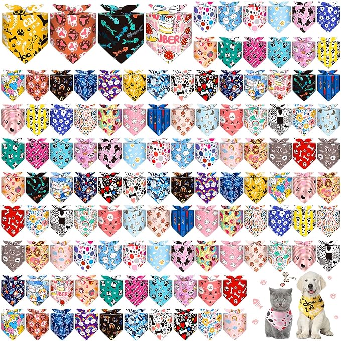 Amylove 120 Pcs Christmas Dog Bandanas Bulk Thanksgiving Day Holiday Triangle Dog Pack Puppy Kerchief Bandana Adjustable Pet Scarf for Pet Cat Costume Accessories Decor(Cartoon)